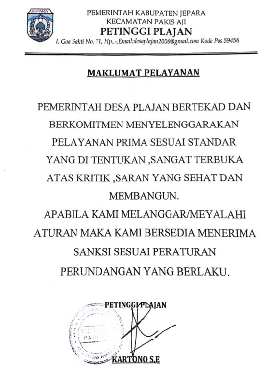 MAKLUMAT PELAYANAN DESA PLAJAN