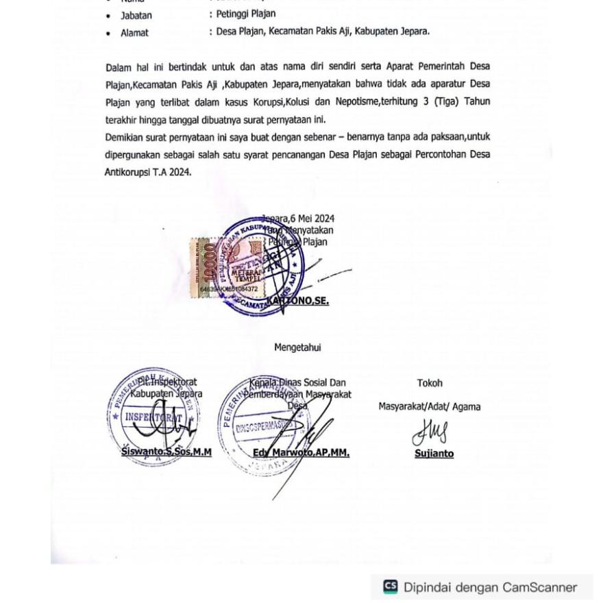 PERNYATAAN BERSAMA OLEH PETINGGI DESA PLAJAN,,INSPEKTORAT DAN KADIS PMD KABUPATEN JEPARA