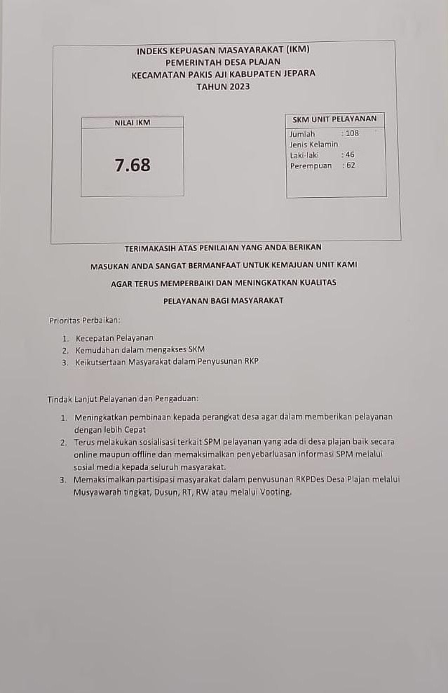 INDEKS KEPUASAN MASYARAKAT TERHADAP PEMERINTAHAN DESA PLAJAN TAHUN 2023